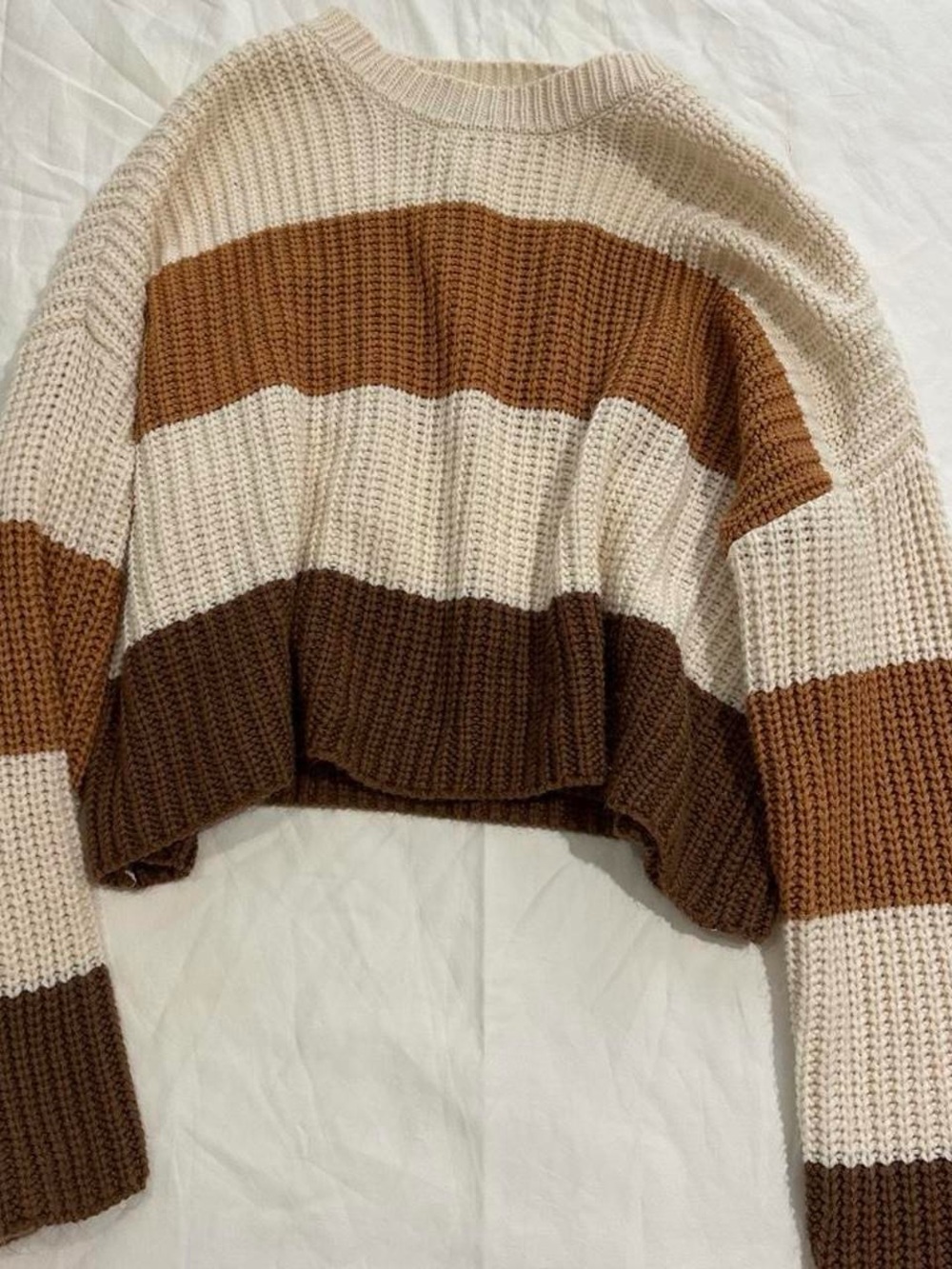 moon & madison Striped Cropped Crewneck Sweater - Cream, Tan & Brown